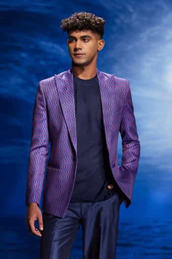 Buy Purple Twill, Cotton Abstract Print Blazer And T Shirt For Men by ...