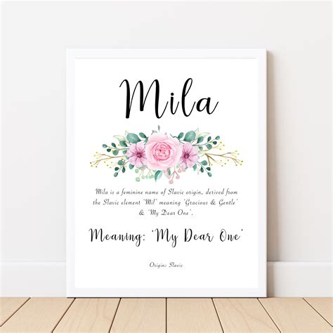 Mila Name Meaning Printable With Pink Flowers and Calligraphy Style ...