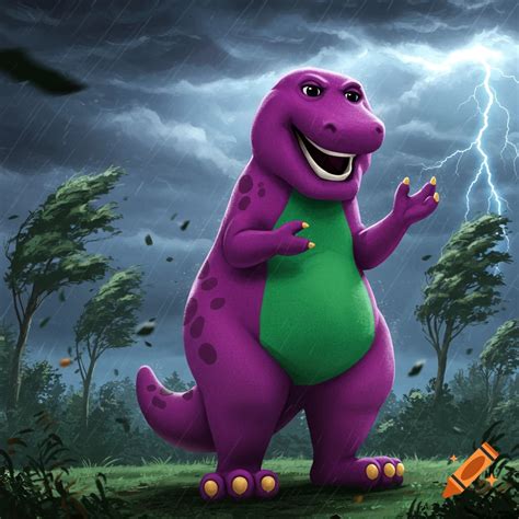 A sinister purple Barney the dinosaur with sharp teeth stands in a dark ...