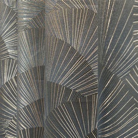 Ginkgo Leaves Art Deco Geometric Blue Gray Curtain with Gold Stripes
