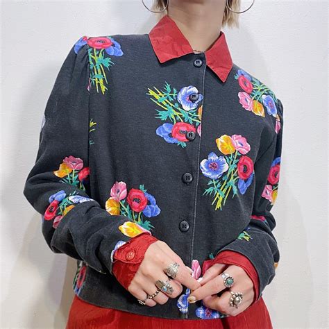 80s black flower printed cardigan | LEMON