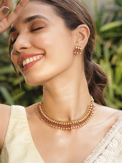 Rubans 22K Gold-Plated Ruby Pink Studded Golden Beaded Traditional Nec