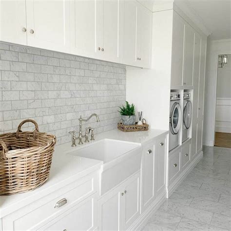 Grey Subway Tile Backsplash in White Laundry Room - Soul & Lane