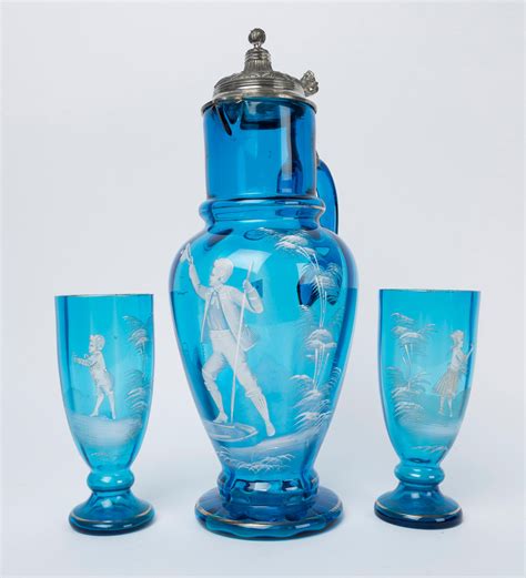 At Auction: MARY GREGORY antique blue glass jug with pewter mounts ...