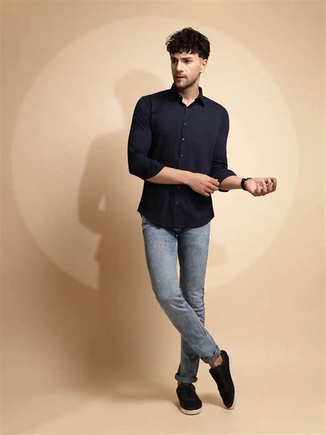 Navy Blue Solid Full Sleeve Collared Neck Polyester Blend Shirt