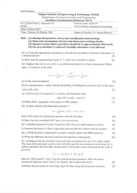 UCS619 - Quantum Computing Exam Notes (Auxiliary February 2023) - Studocu