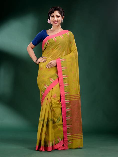 Lime Green Cotton Handwoven Soft Saree – Charukriti