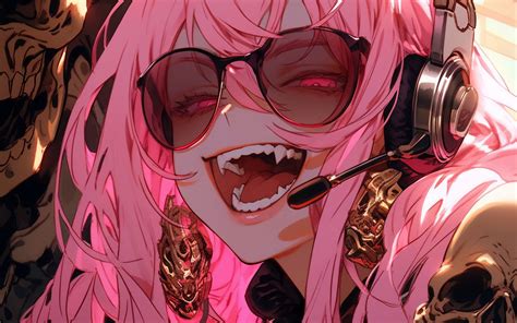 Download wallpaper 1440x900 vampire, sunglasses, headphones, pink ...