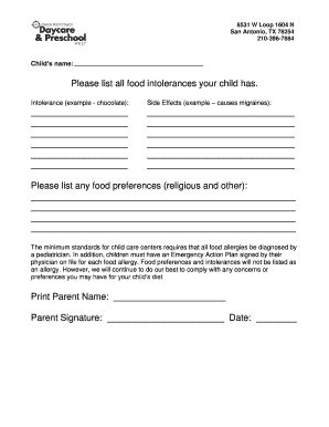 Fillable Online Food Intolerance Form - Grace Point Church Fax Email ...