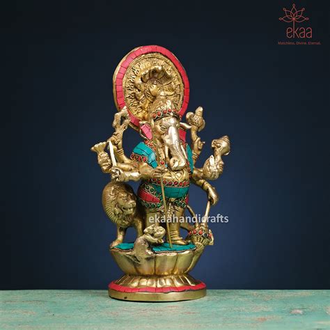 Brass Dhrishti Ganesha Statue with Lion for Pooja Stonework – Ekaa ...
