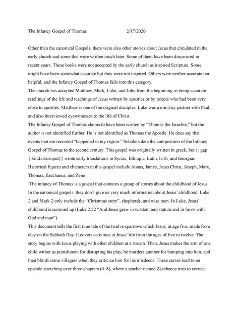 The Infancy Gospel of Thomas Paper - The Infancy Gospel of Thomas 2/17 ...