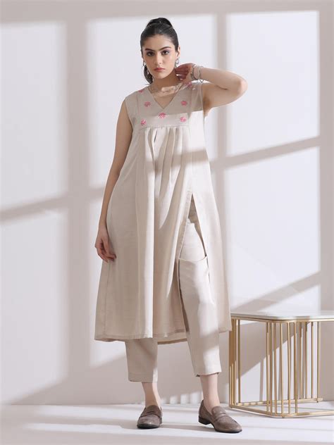 Buy 2 Pc Set - Prf'T Lux Fawn And Pink Hand Stitched Slit Kurta With ...