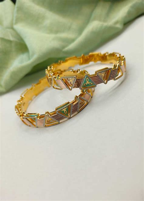 1 Gram Gold Meenakari Triangle Shaped Turquoise Gold-Plated Bangles