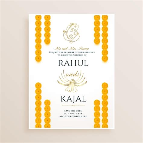 Marigold flower decorative indian wedding card design | Free Vector