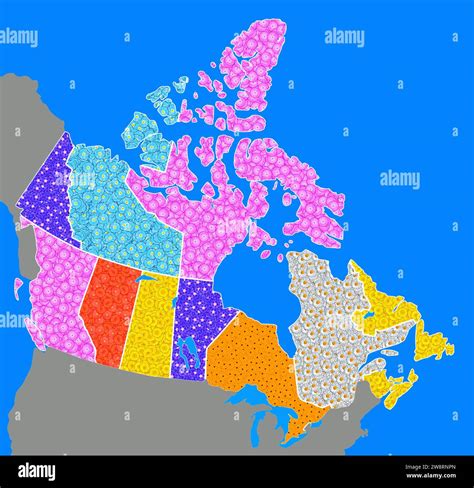Geographical map of Canada with individual provinces, with many different colored flowers ...