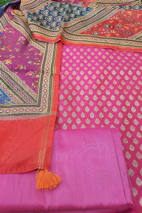 Magenta Banarasi Zari Weaving Suit With Digital Print Chanderi Dupatta ...