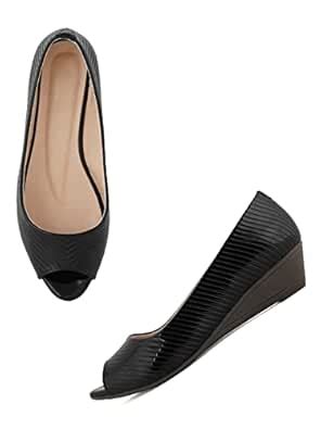 Buy Everly Black Textured Synthetic Leather Wedge Peep Toes for Women ...