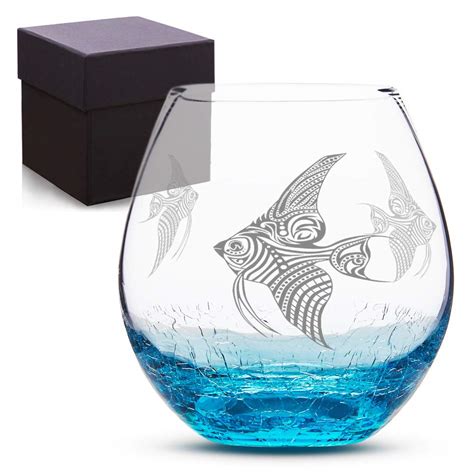Three Tropical Fish Stemless Etched Crackle Teal Wine Glasses 18 Ounces ...
