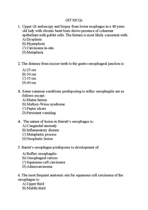 GIT MCQ Practice - Systemic Pathology Questions & Answers - Studocu