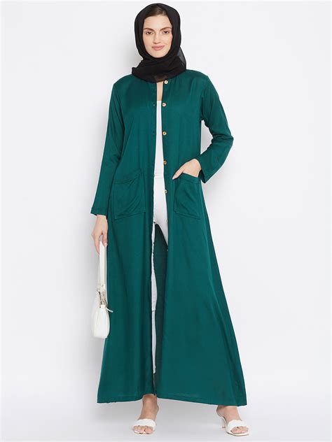 Nabia Women Bottle Green Rayon Front Open Abaya with Georgette Scarf