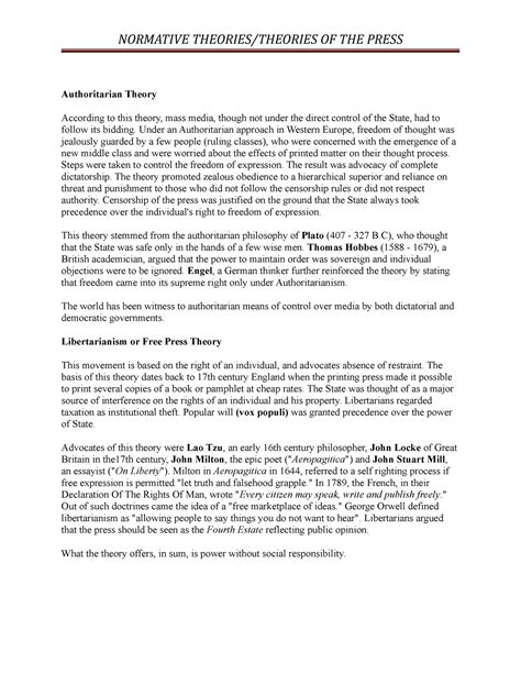 Normative Theories OR Theories OF THE Press - NORMATIVE THEORIES ...