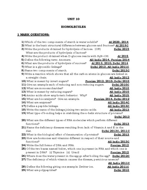Unit 10: Biomolecules - 1 Mark & 2 Mark Q&A Guide - Studocu
