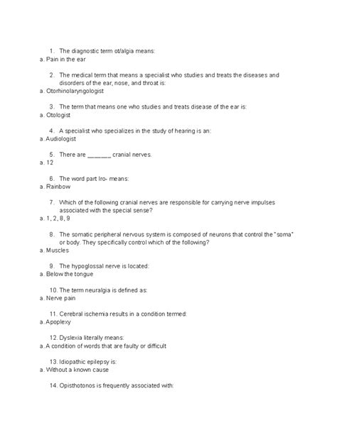 Medical Terminology Unit 4 - a. Pain in the ear1. The diagnostic term ...
