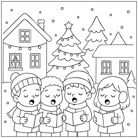Caroling Friends Christmas Coloring page | Vetor Premium