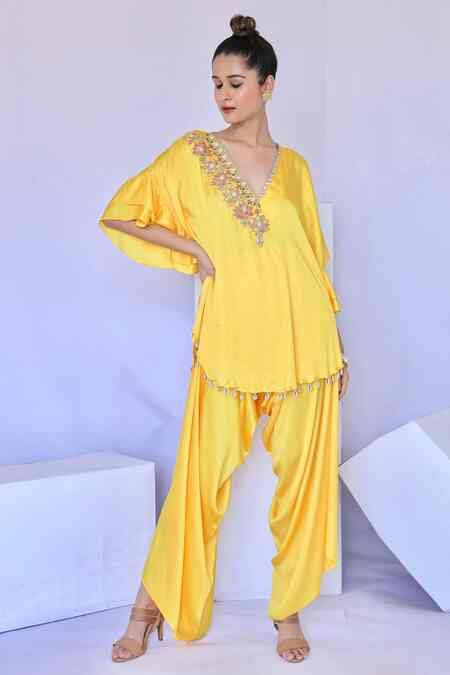 Buy Yellow Crepe Embroidery V-neck Padma Neckline Kurta With Dhoti Pant ...