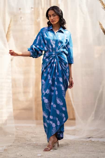 Buy Charkhee Blue Drape Skirt Dress With Collared Neckline Online | Aza ...