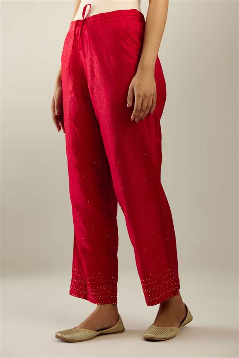 Red hand crushed pure silk straight pants with gold sequins at hem in ...