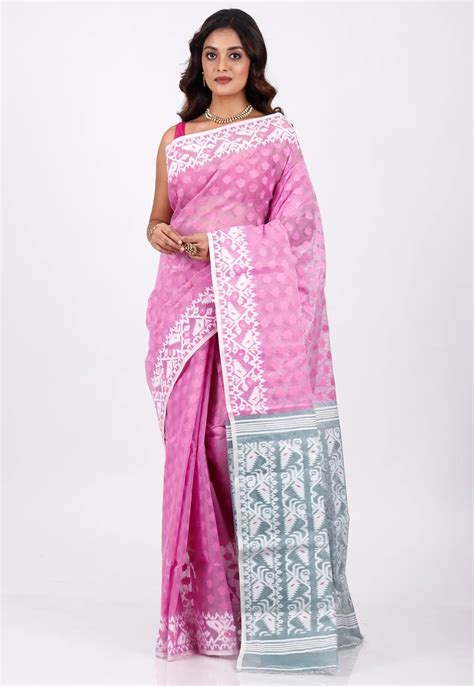 Pink Dhakai Jamdani Cotton Saree Without Blouse Piece | Adi Akshoy