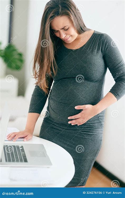 Remote Work, Pregnant and Woman with Pain, Cramps or Labor Contractions ...