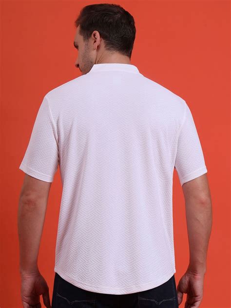 Men Mandarin Collar Tee Casual Wear Half Sleeve Polyester Textured T-s ...
