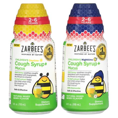 Zarbee's, Children's Cough Syrup + Mucus, Dark Honey, Daytime & Night ...