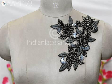 2 Piece Beaded Appliques Patch Indian Black Sewing Accessories Dresses ...