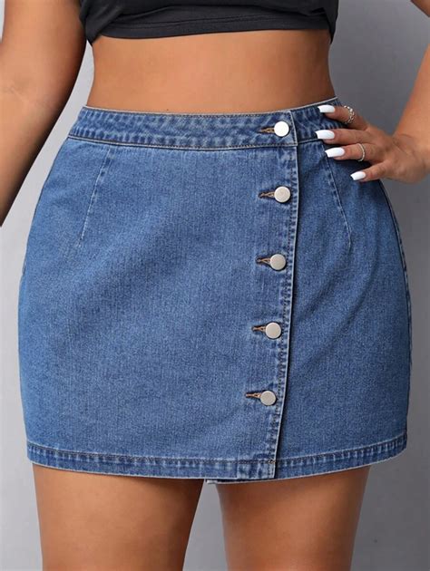 SHEIN LUNE Plus Button Front Denim Skirt | SHEIN USA