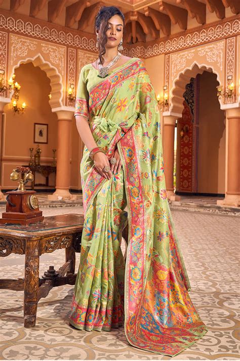 Dazzling Pista Linen Silk Saree With Flamboyant Blouse Piece ...