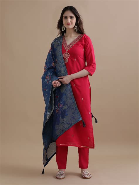 Embroidered Chanderi Cotton Ethnic Motifs Kurta Sets With Dupatta ...