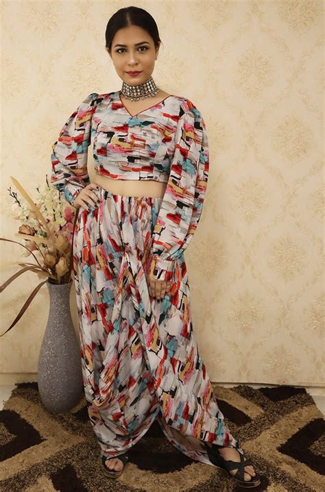 Stylish Multicolor Digital Print Crepe Crop Top & Cawl Drape Pant