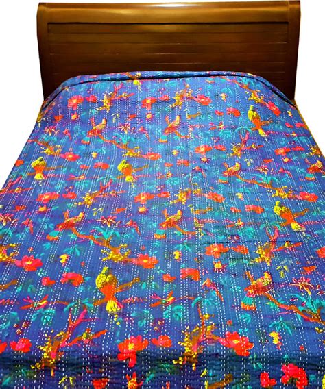 Navy blue kantha work double layered cotton bedcover (Double Bed ...
