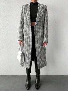Plaid Pattern Lapel Neck Belted Overcoat | SHEIN USA