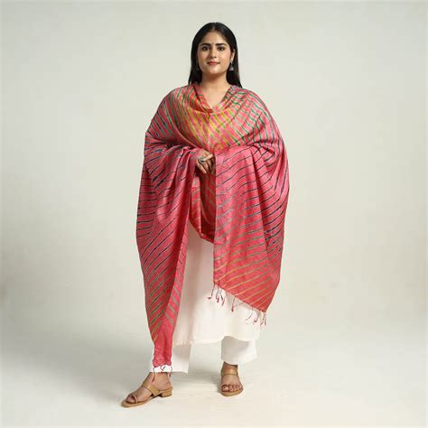 Pink Traditional Tie & Dye Tussar Silk Leheriya Dupatta