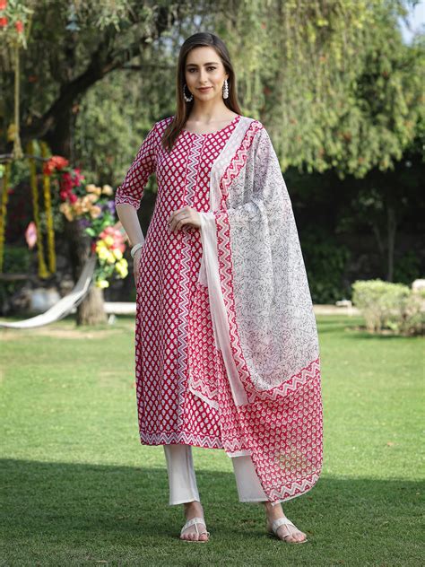 Stylum Women's Printed Cotton Flared Kurta with Dupatta (Summerpinkkds ...