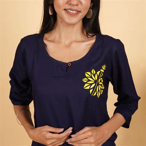 Trishul with Floral Art Pattern Long Navy Blue Kurti for Women ...