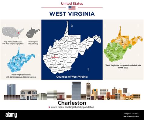 West Virginia counties map and congressional districts since 2023 map. Charleston skyline (state ...