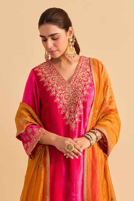Buy Pink Velvet, Silk, Tissue Embroidery, Pearls, Sequins, Aynaz Kurta ...