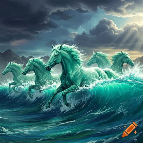 Four mythical horses made of water running through ocean waves under a ...
