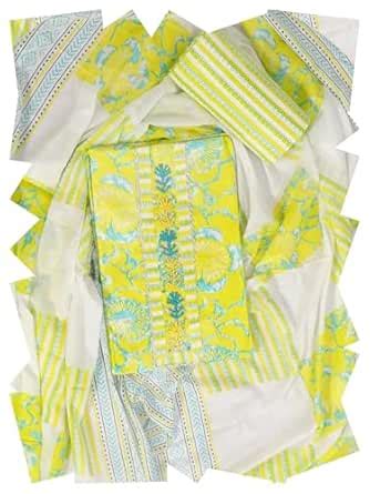 Buy S SALWAR STUDIO Women's Yellow & White Cotton Unstitch Dress ...