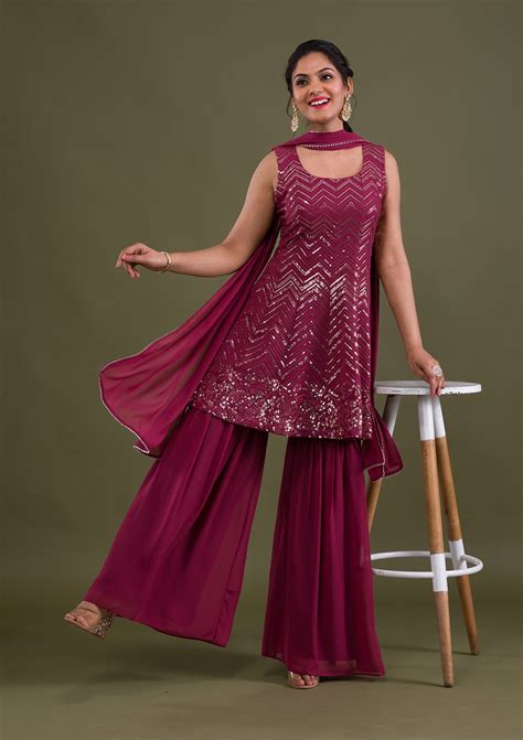 Buy Onion Pink Sequins Georgette Readymade Sharara Suit - Koskii